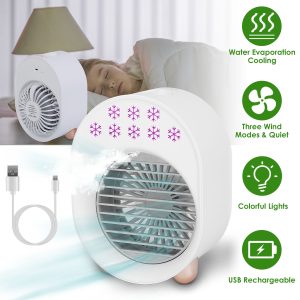 4 In 1 Portable Mini Desktop Air Conditioner Fan Water Mist Cooling Fan USB Rechargeable Humidifier Fan Evaporative Air Cooler 3 Wind Modes Colorful Lights