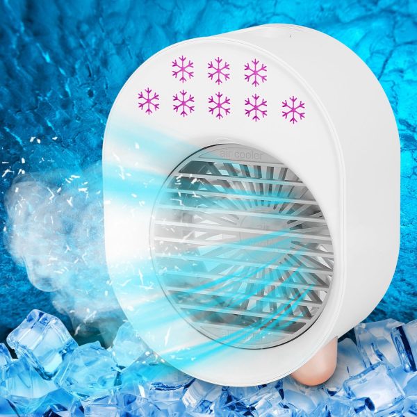 4 In 1 Portable Mini Desktop Air Conditioner Fan Water Mist Cooling Fan USB Rechargeable Humidifier Fan Evaporative Air Cooler 3 Wind Modes Colorful Lights - Image 2