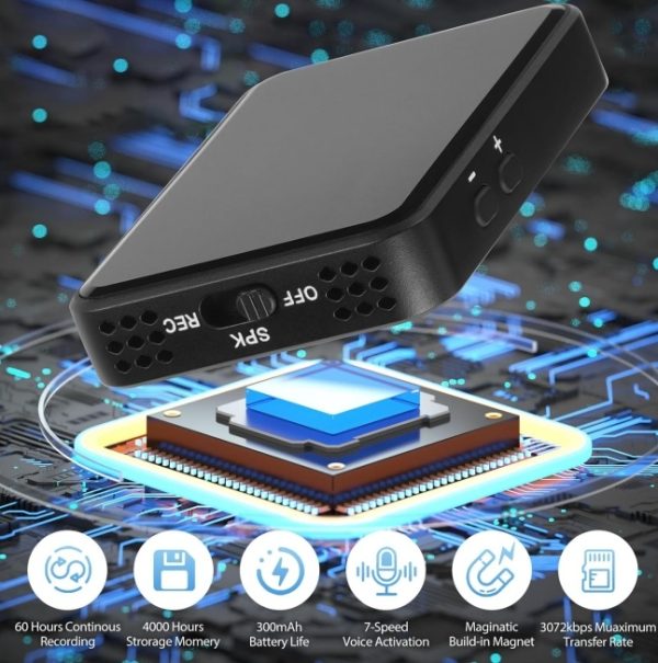 Voice Recorder, Extra-long Standby, Stereo Speaker, Built-in Magnet, Black Mirror - Image 4