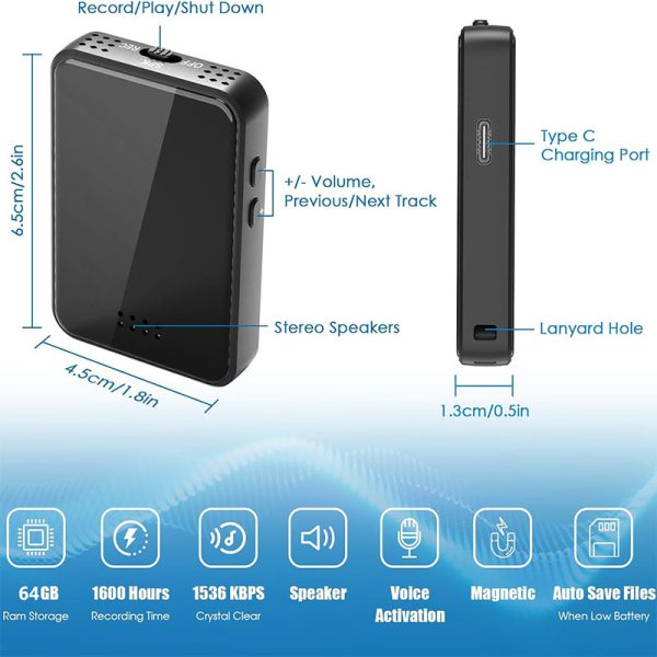 Voice Recorder, Extra-long Standby, Stereo Speaker, Built-in Magnet, Black Mirror - Image 9