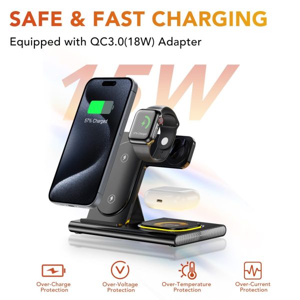 Wireless Charger Station, 4 In 1 Foldable 15W Fast Charging Wireless Charging Station With Night Light For IPods IWatch - Image 6